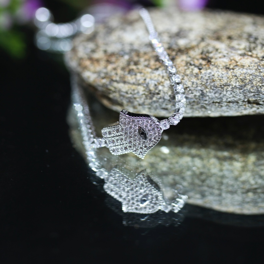 18KT Gold Dipped CZ Pave Hamsa Evil Eye Bracelet - Picture 7 of 8